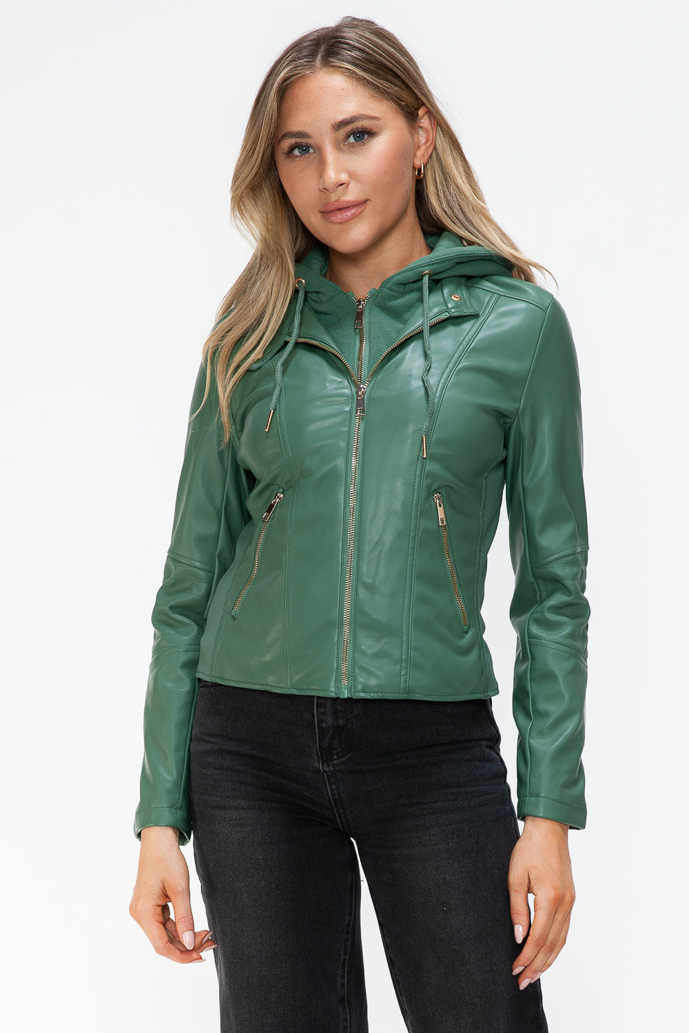 Snobbish Faux Leather Zip Up Drawstring Hooded Jacket - Sage