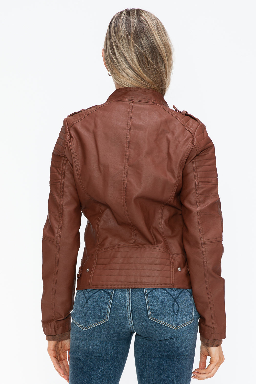 Snobbish PU Leather Biker Jacket with Side Zip Pockets- Brandy