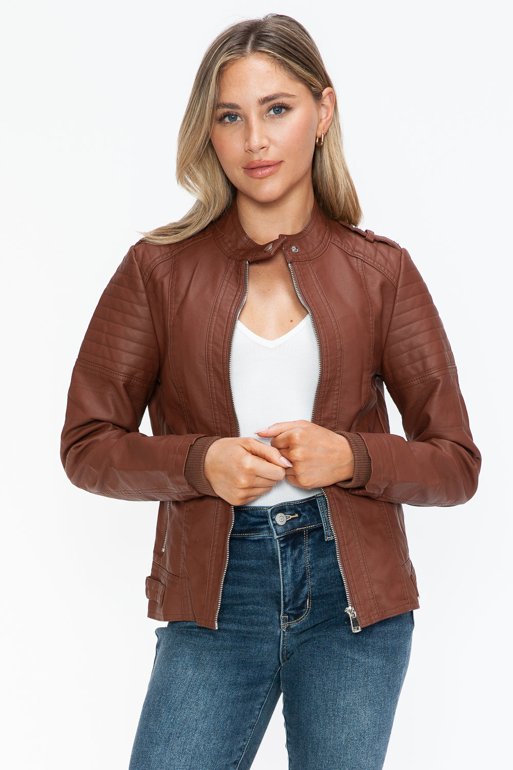 Snobbish PU Leather Biker Jacket with Side Zip Pockets- Brandy