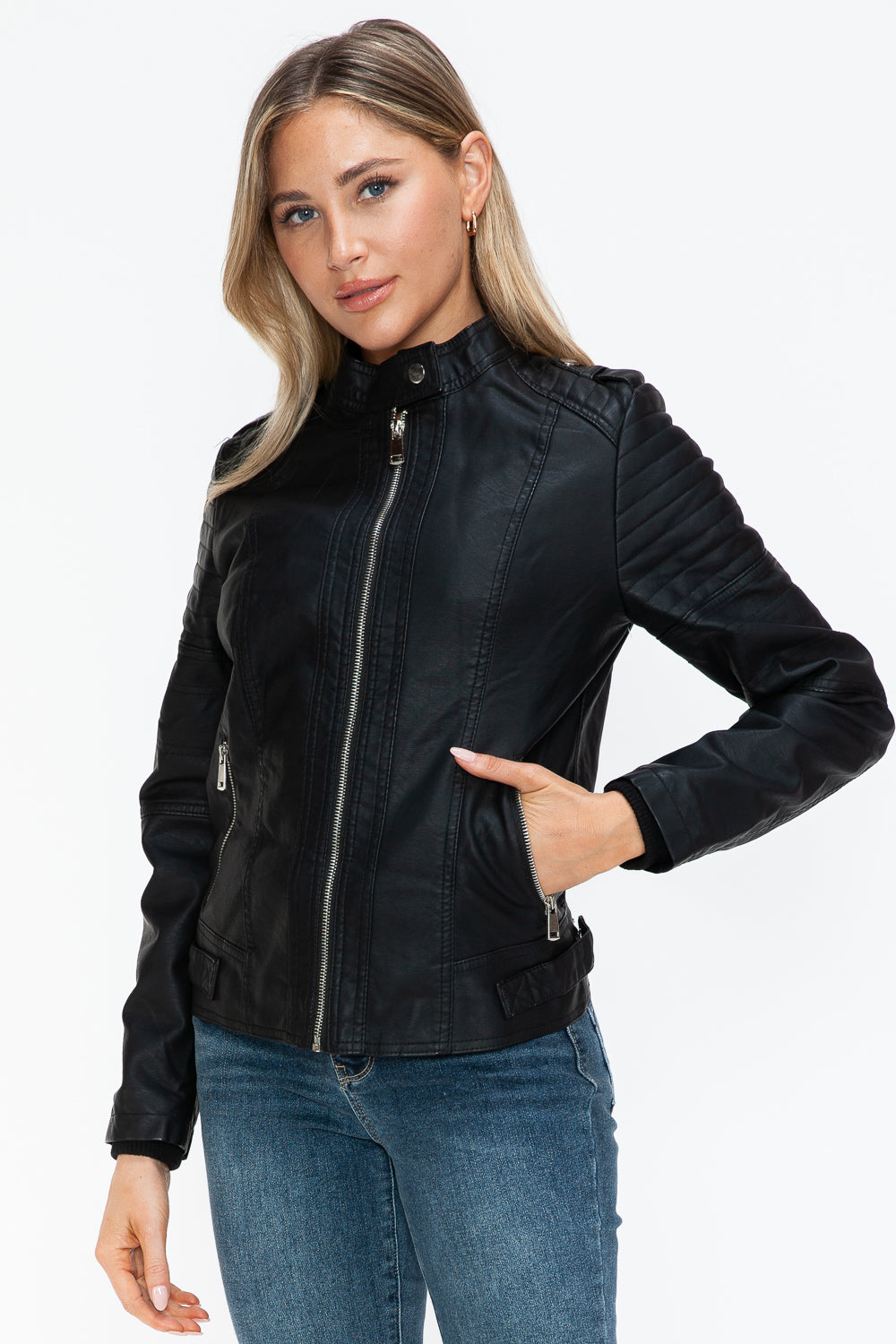 Snobbish PU Leather Biker Jacket with Side Zip Pockets- Black