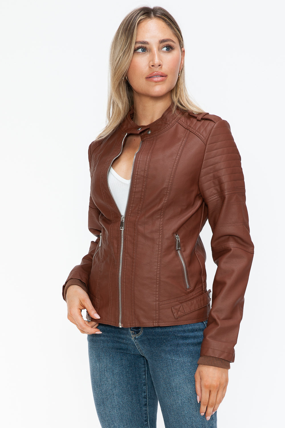 Snobbish PU Leather Biker Jacket with Side Zip Pockets- Brandy