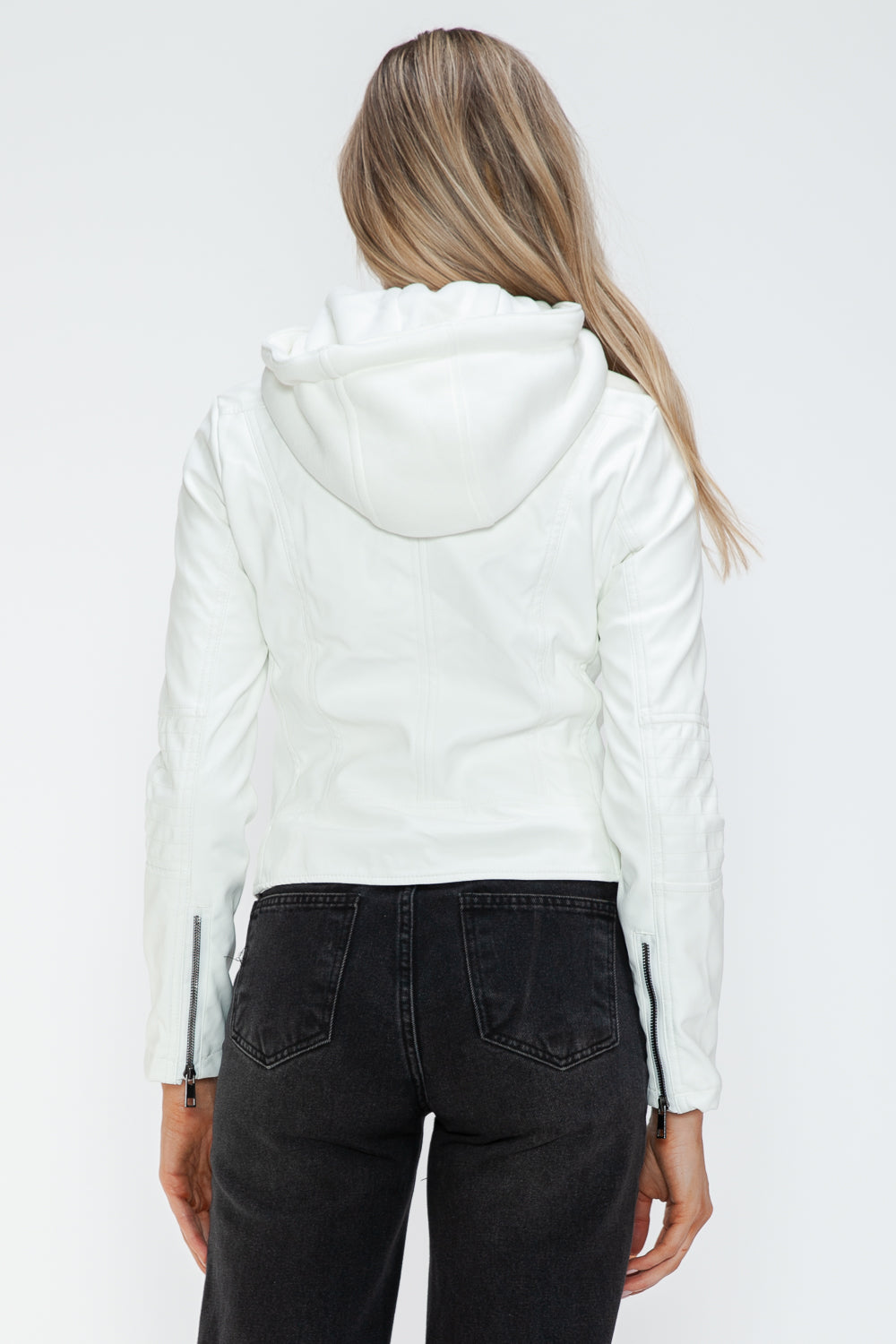 Snobbish Faux Leather Zip Up Drawstring Hooded Jacket - White