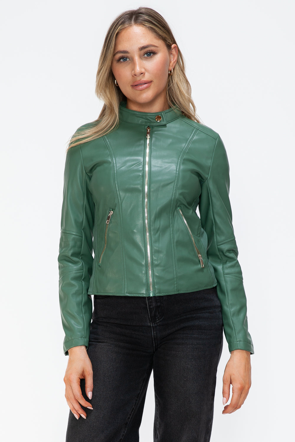 Snobbish Faux Leather Zip Up Drawstring Hooded Jacket - Sage