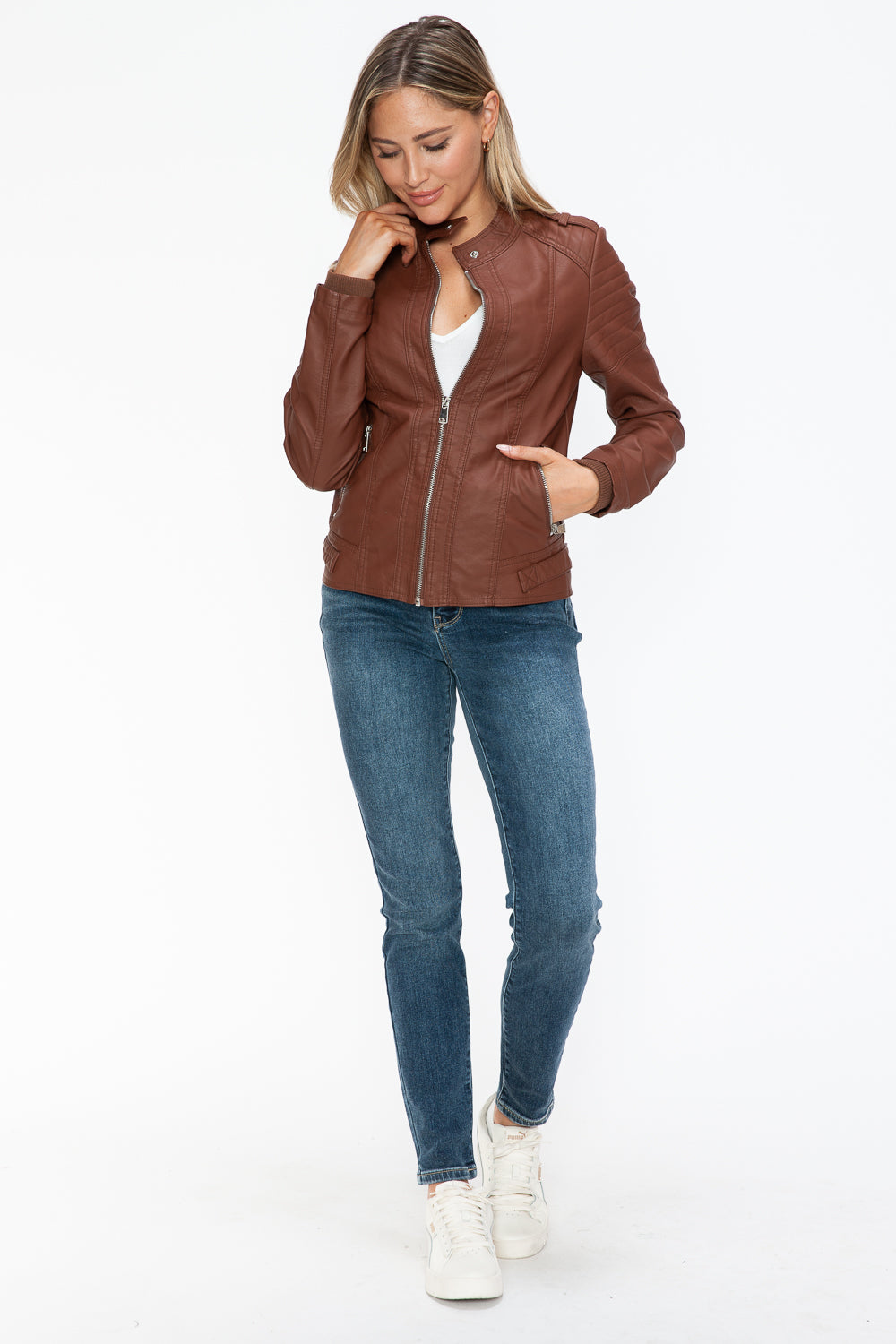 Snobbish PU Leather Biker Jacket with Side Zip Pockets- Brandy