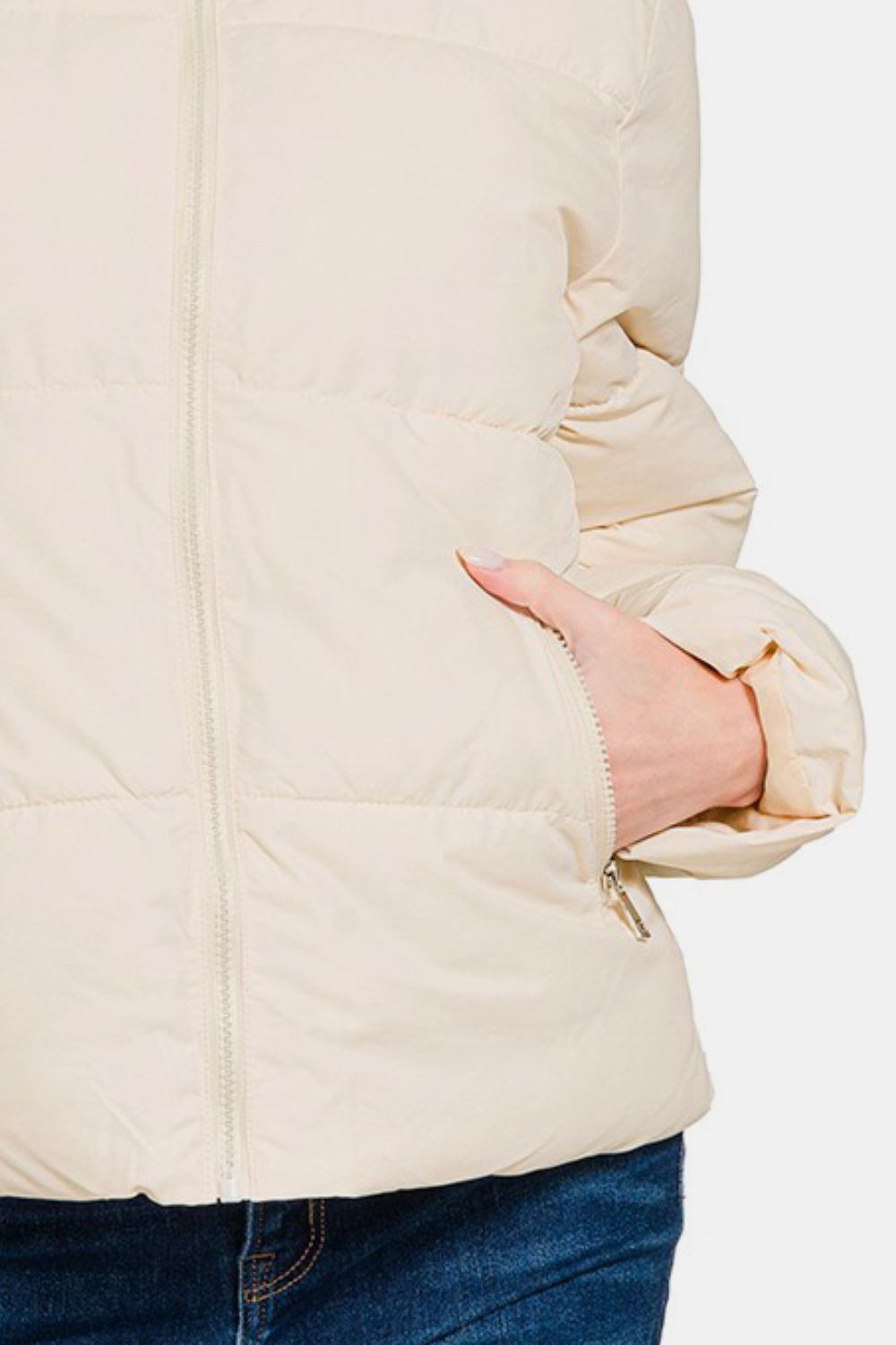 Zenana Zip Up Turtleneck Puffer Jacket with Pockets - Cream