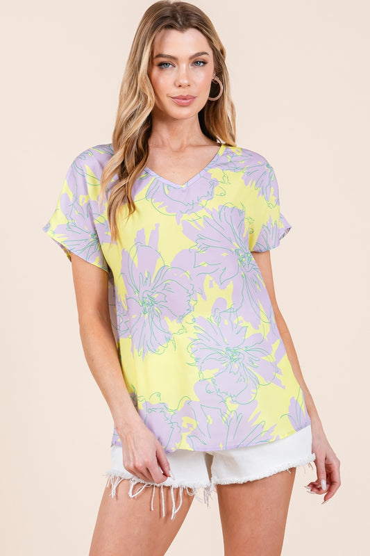 BOMBOM Floral Short Sleeve T-Shirt - Lilac Yellow