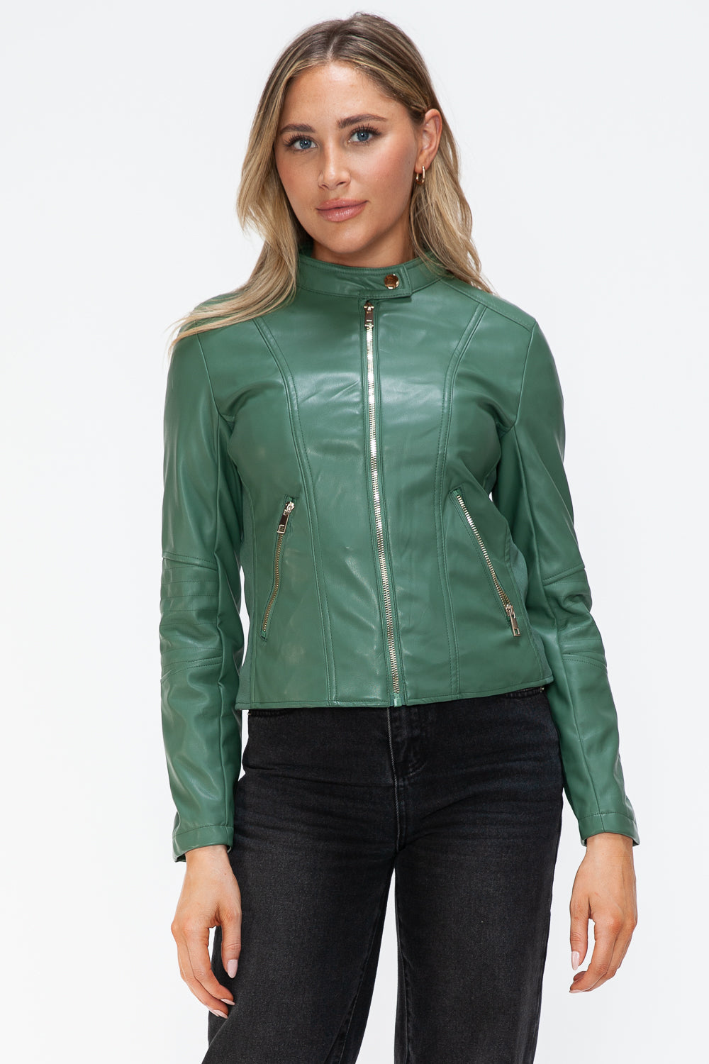 Snobbish Faux Leather Zip Up Drawstring Hooded Jacket - Sage