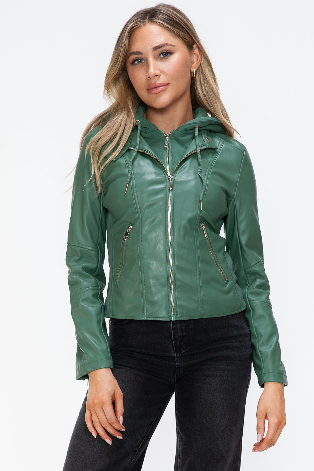 Snobbish Faux Leather Zip Up Drawstring Hooded Jacket - Sage