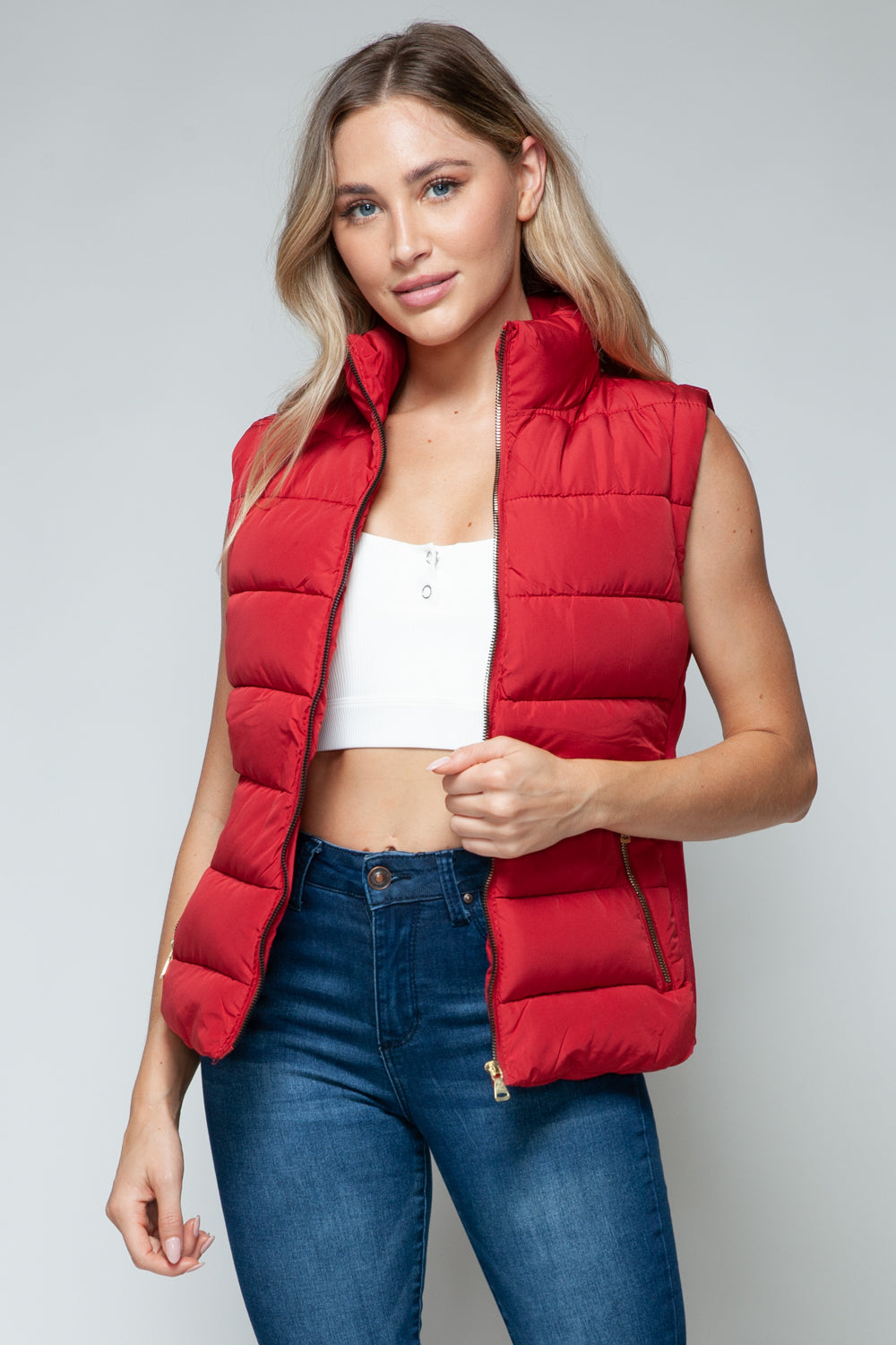 Snobbish Zip Up Turtleneck Vest with Pockets - Red