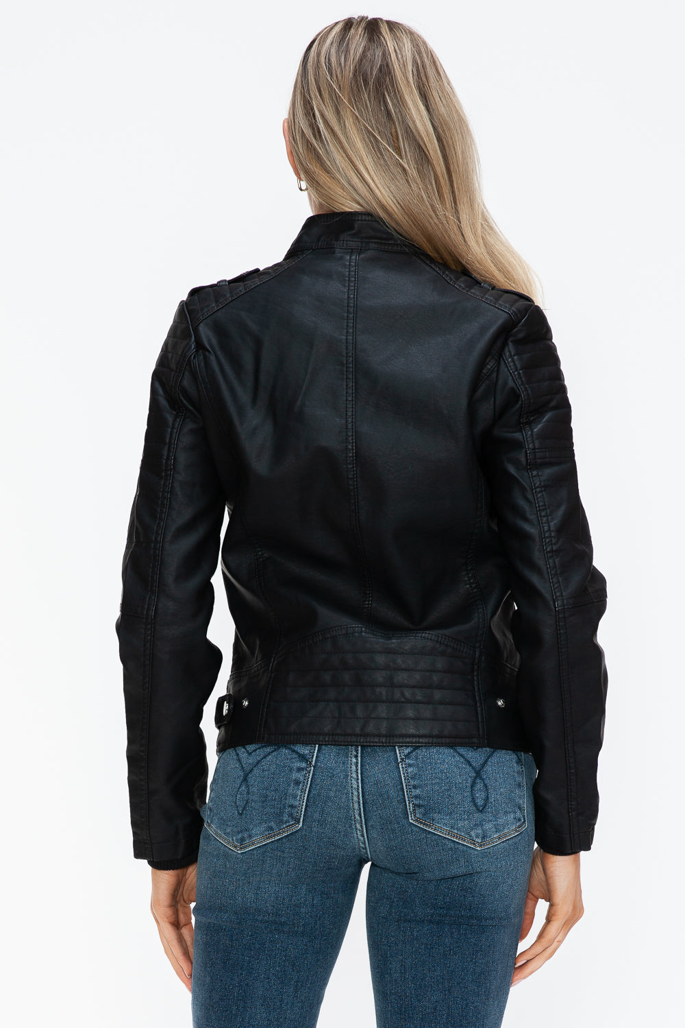 Snobbish PU Leather Biker Jacket with Side Zip Pockets- Black