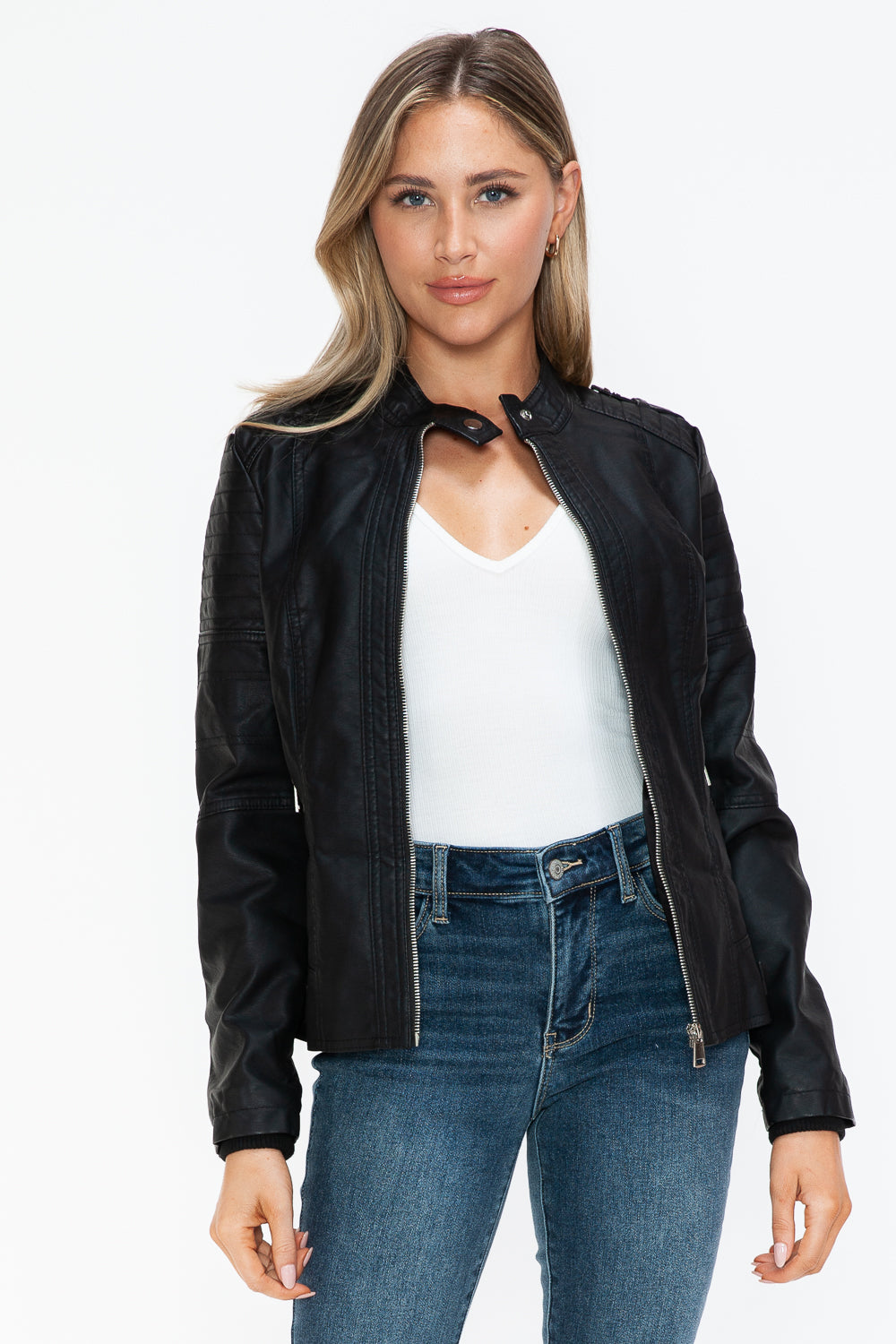 Snobbish PU Leather Biker Jacket with Side Zip Pockets- Black