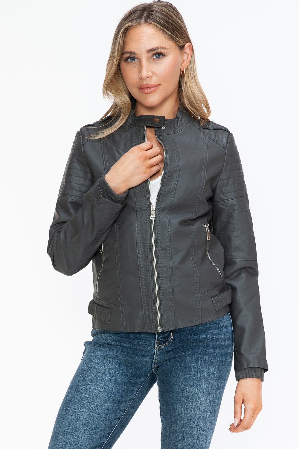 Snobbish PU Leather Biker Jacket with Side Zip Pockets - Charcoal