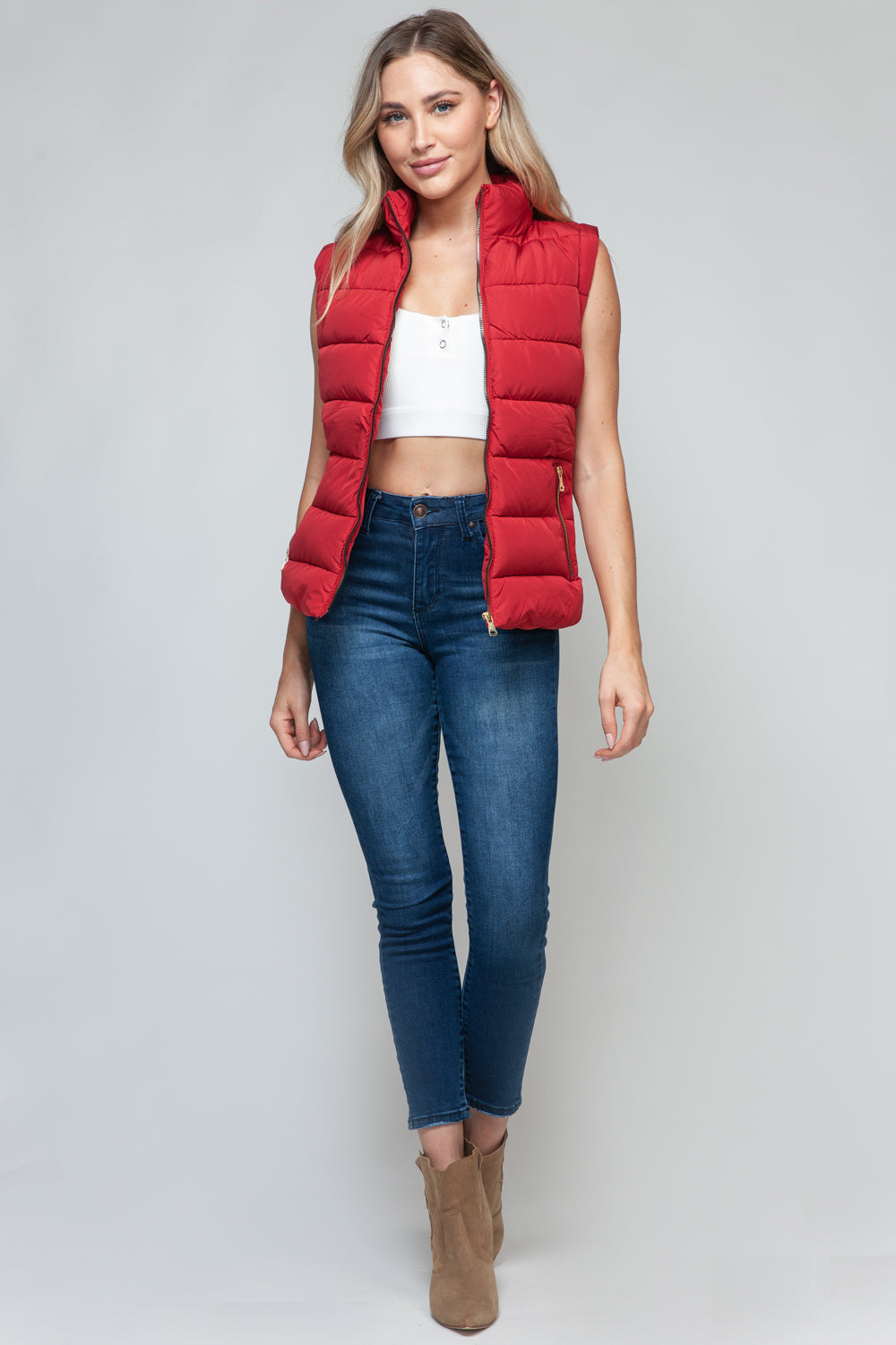 Snobbish Zip Up Turtleneck Vest with Pockets - Red