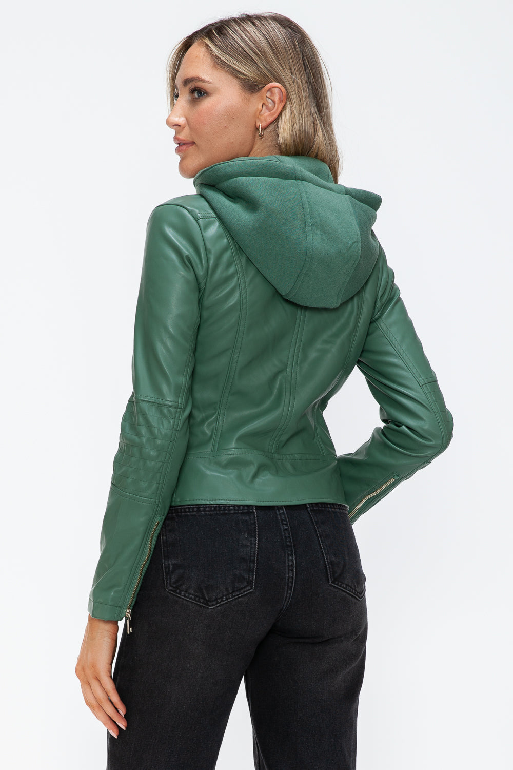 Snobbish Faux Leather Zip Up Drawstring Hooded Jacket - Sage