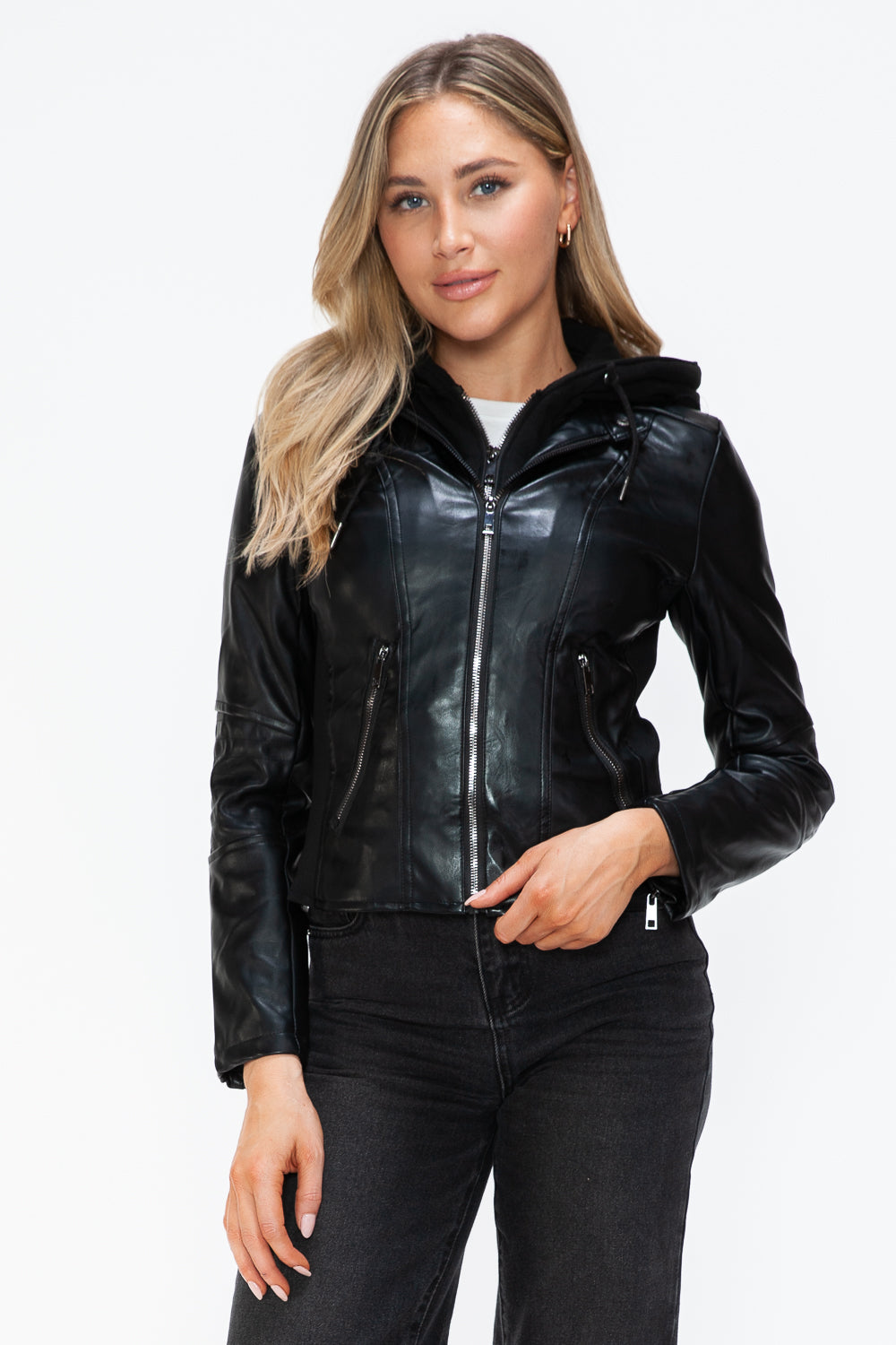 Snobbish Faux Leather Zip Up Drawstring Hooded Jacket - Black