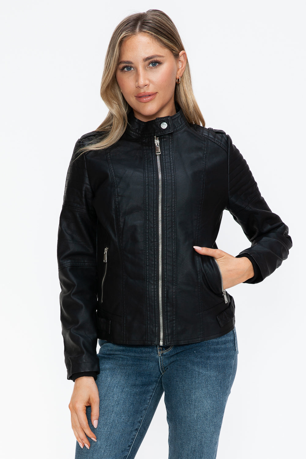 Snobbish PU Leather Biker Jacket with Side Zip Pockets- Black