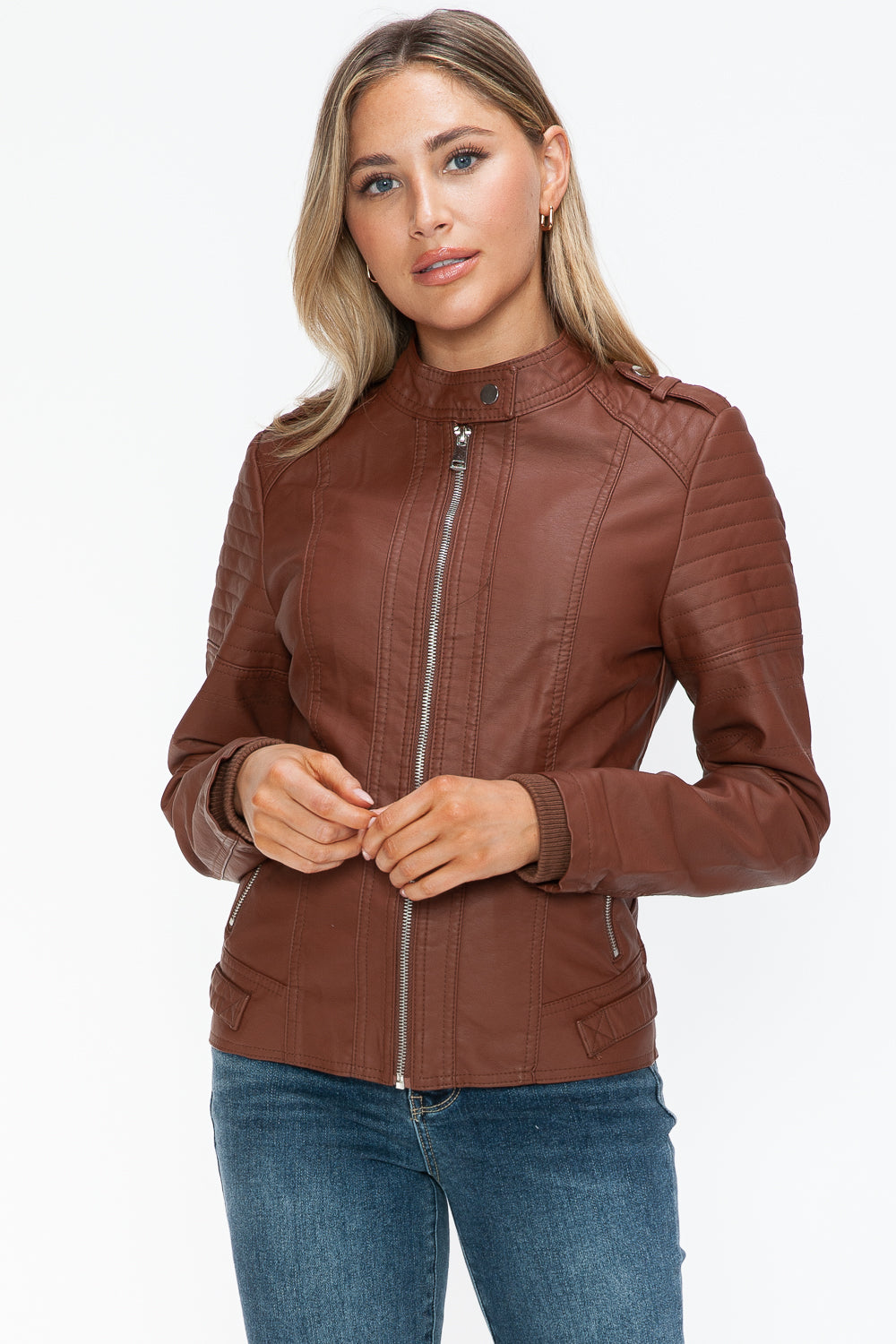 Snobbish PU Leather Biker Jacket with Side Zip Pockets- Brandy