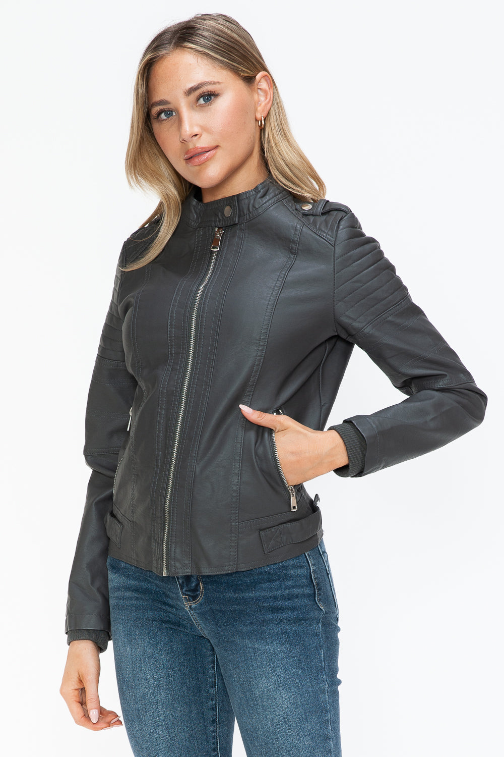 Snobbish PU Leather Biker Jacket with Side Zip Pockets - Charcoal