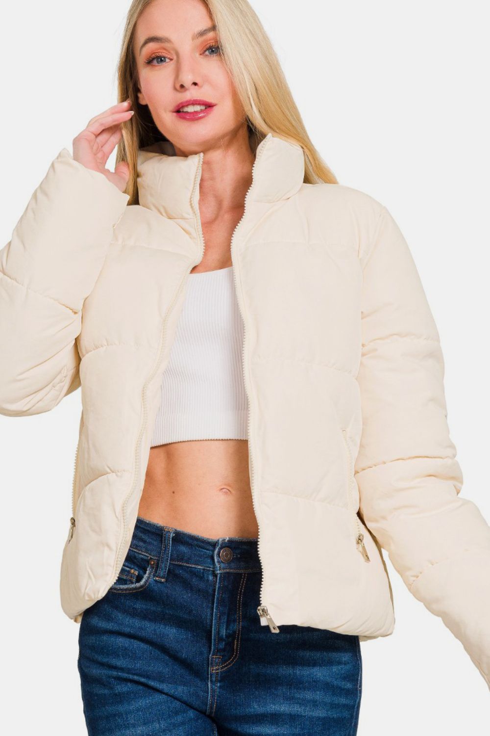 Zenana Zip Up Turtleneck Puffer Jacket with Pockets - Cream