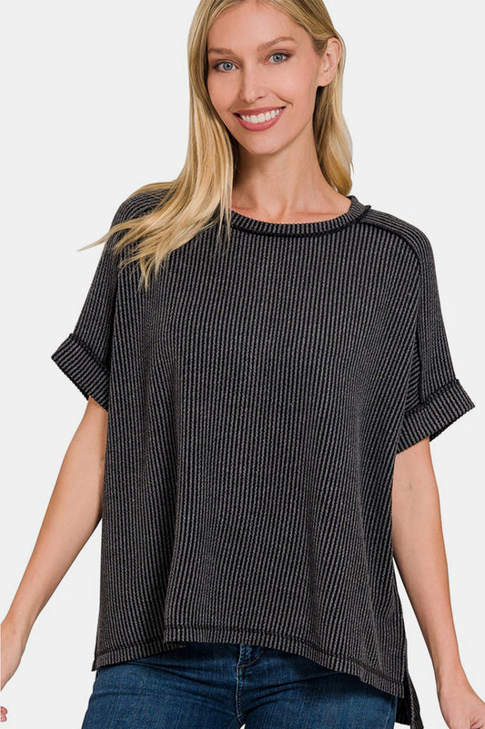 Zenana Ribbed Exposed Seam High-Low T-Shirt