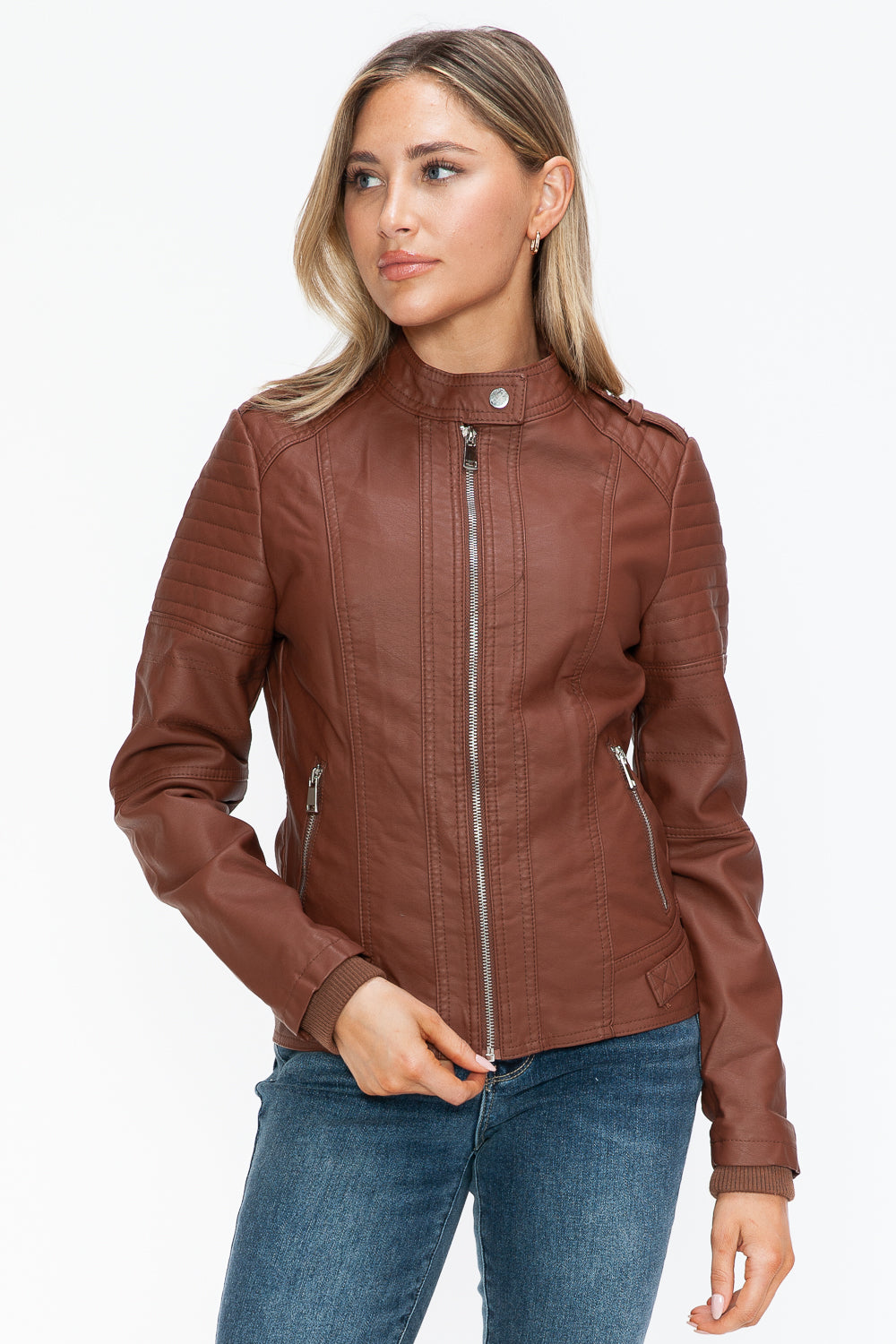 Snobbish PU Leather Biker Jacket with Side Zip Pockets- Brandy