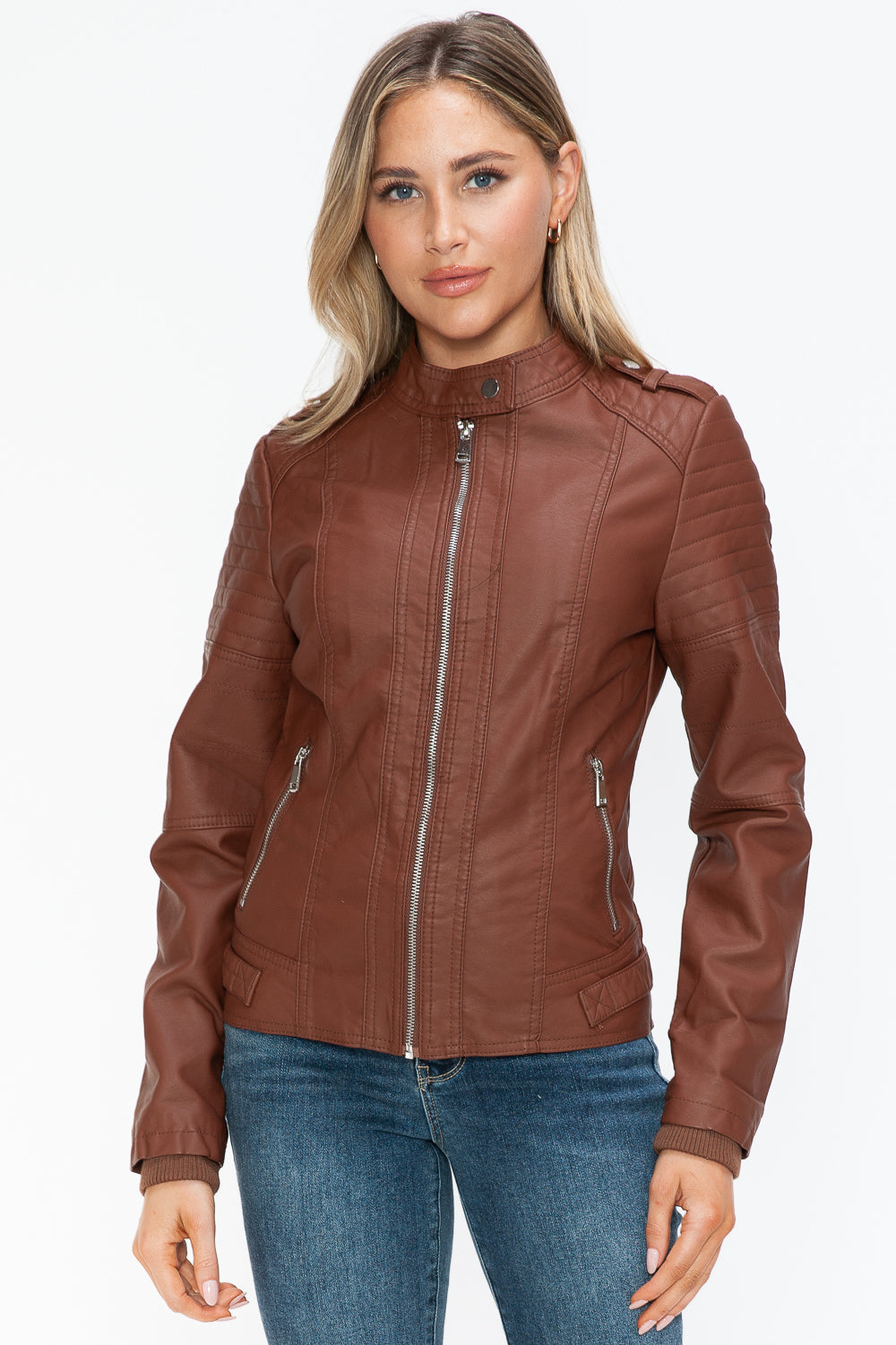 Snobbish PU Leather Biker Jacket with Side Zip Pockets- Brandy