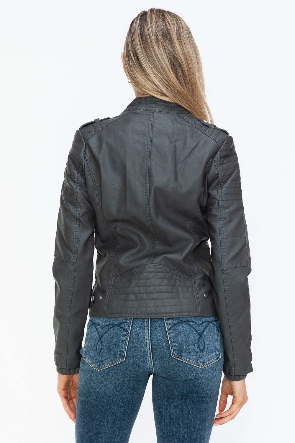 Snobbish PU Leather Biker Jacket with Side Zip Pockets - Charcoal