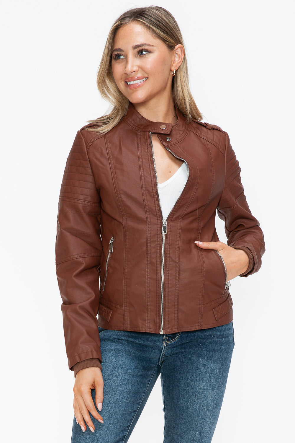 Snobbish PU Leather Biker Jacket with Side Zip Pockets- Brandy