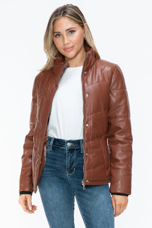 Snobbish Pocketed Zip Up Turtleneck Puffer Jacket - Brandy