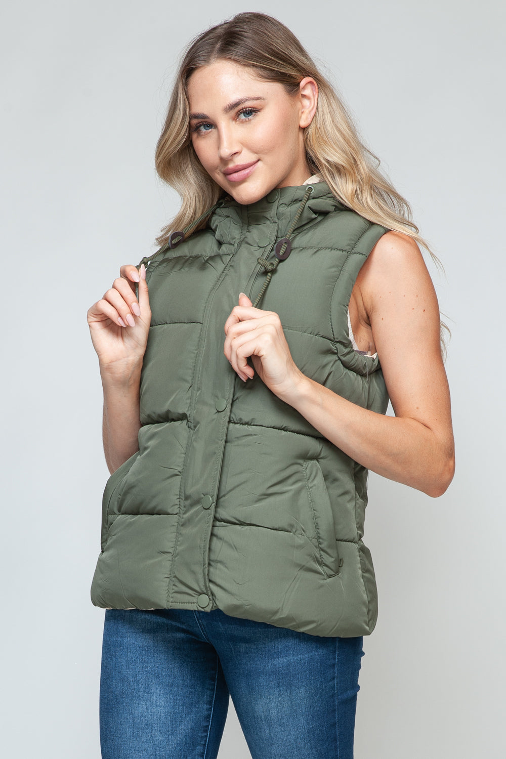 Snobbish Snap and Zip Closure Hooded Vest - Light Olive