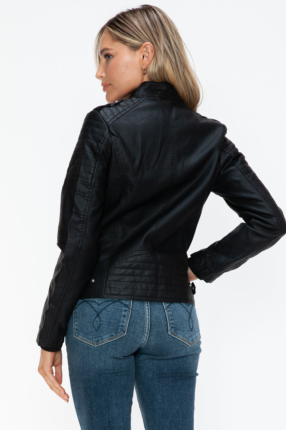 Snobbish PU Leather Biker Jacket with Side Zip Pockets- Black