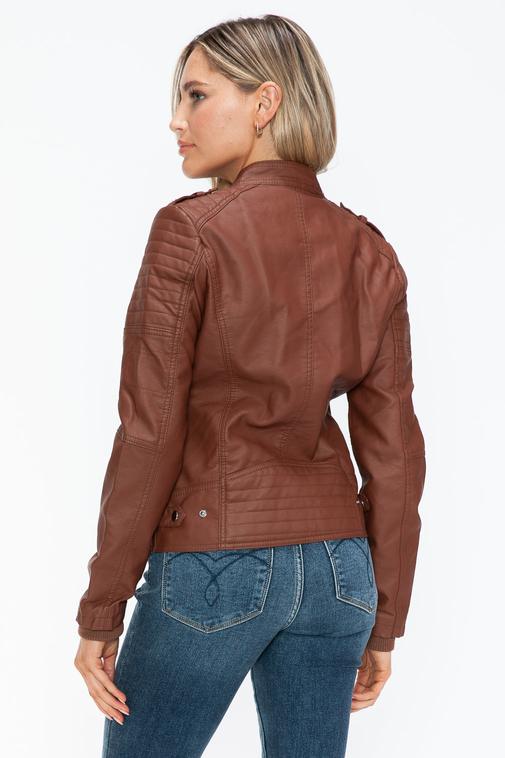 Snobbish PU Leather Biker Jacket with Side Zip Pockets- Brandy