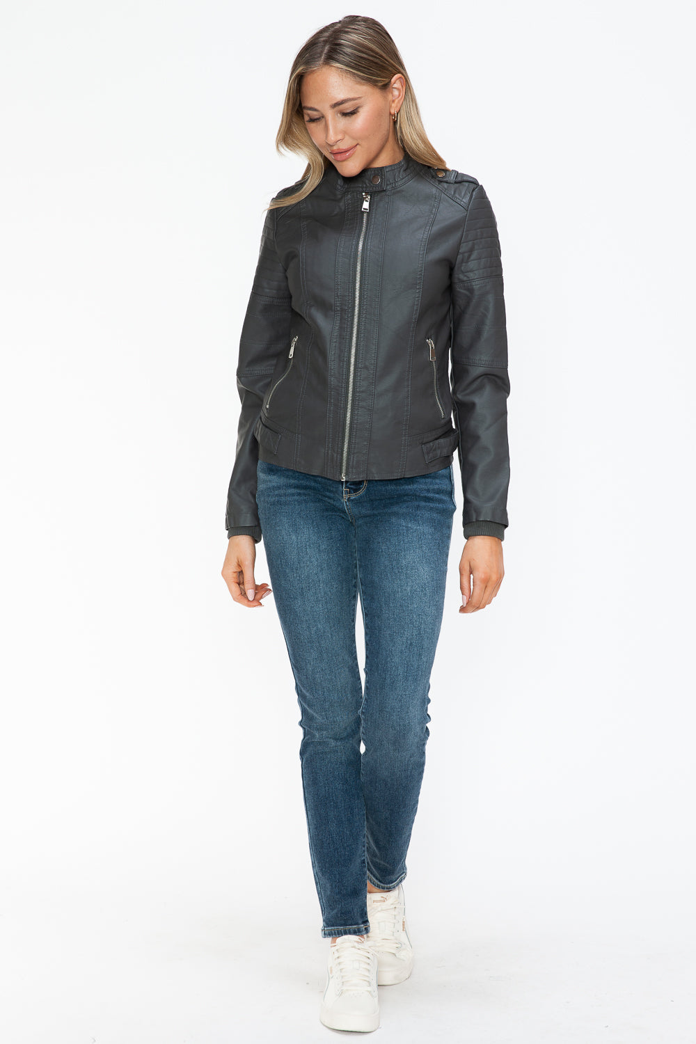 Snobbish PU Leather Biker Jacket with Side Zip Pockets - Charcoal