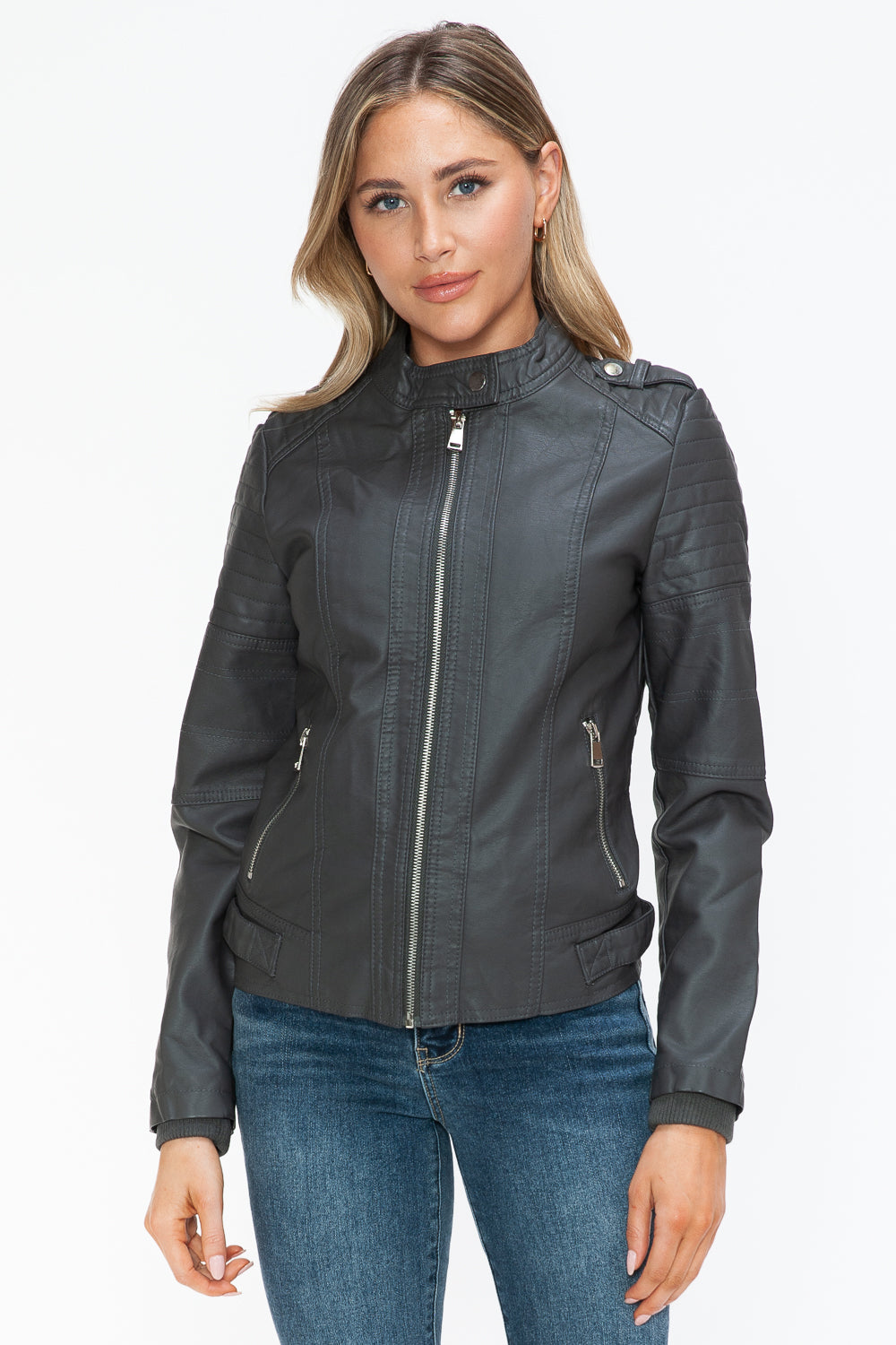 Snobbish PU Leather Biker Jacket with Side Zip Pockets - Charcoal