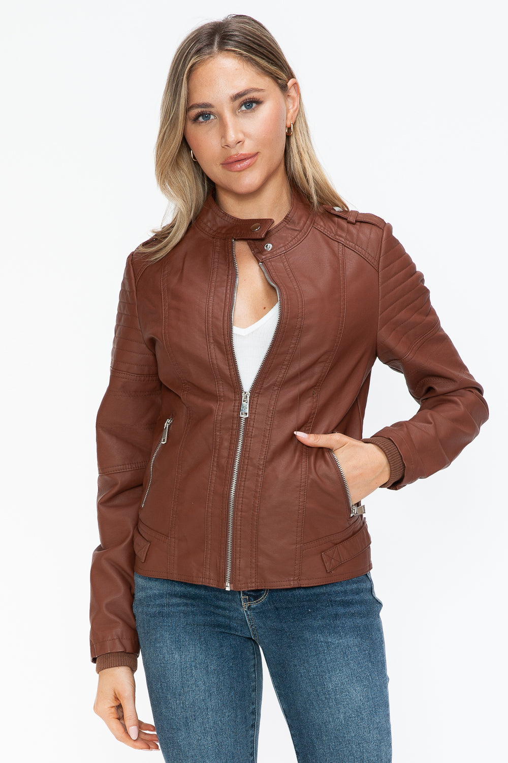 Snobbish PU Leather Biker Jacket with Side Zip Pockets- Brandy