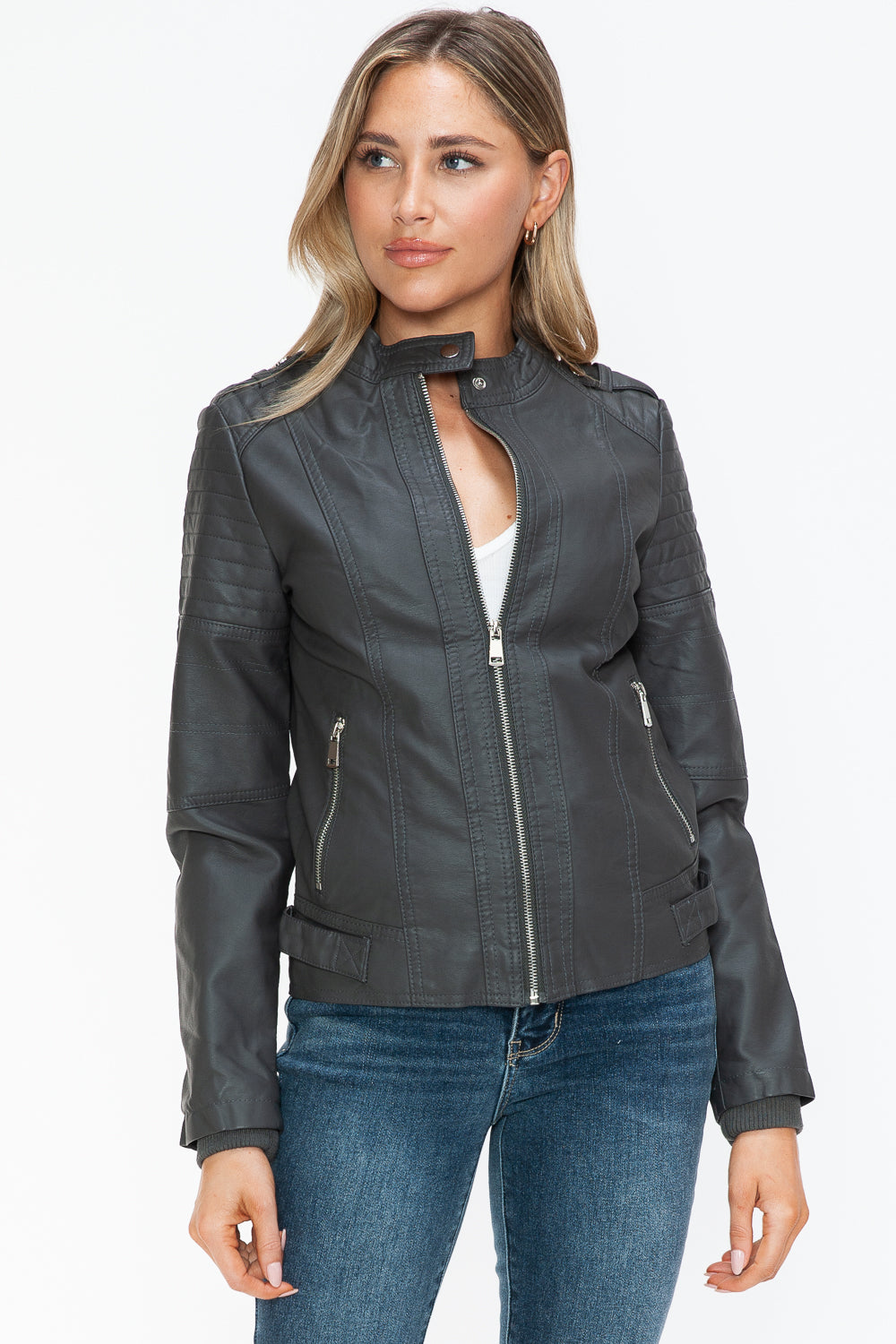 Snobbish PU Leather Biker Jacket with Side Zip Pockets - Charcoal