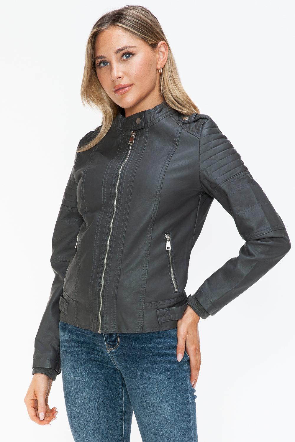 Snobbish PU Leather Biker Jacket with Side Zip Pockets - Charcoal