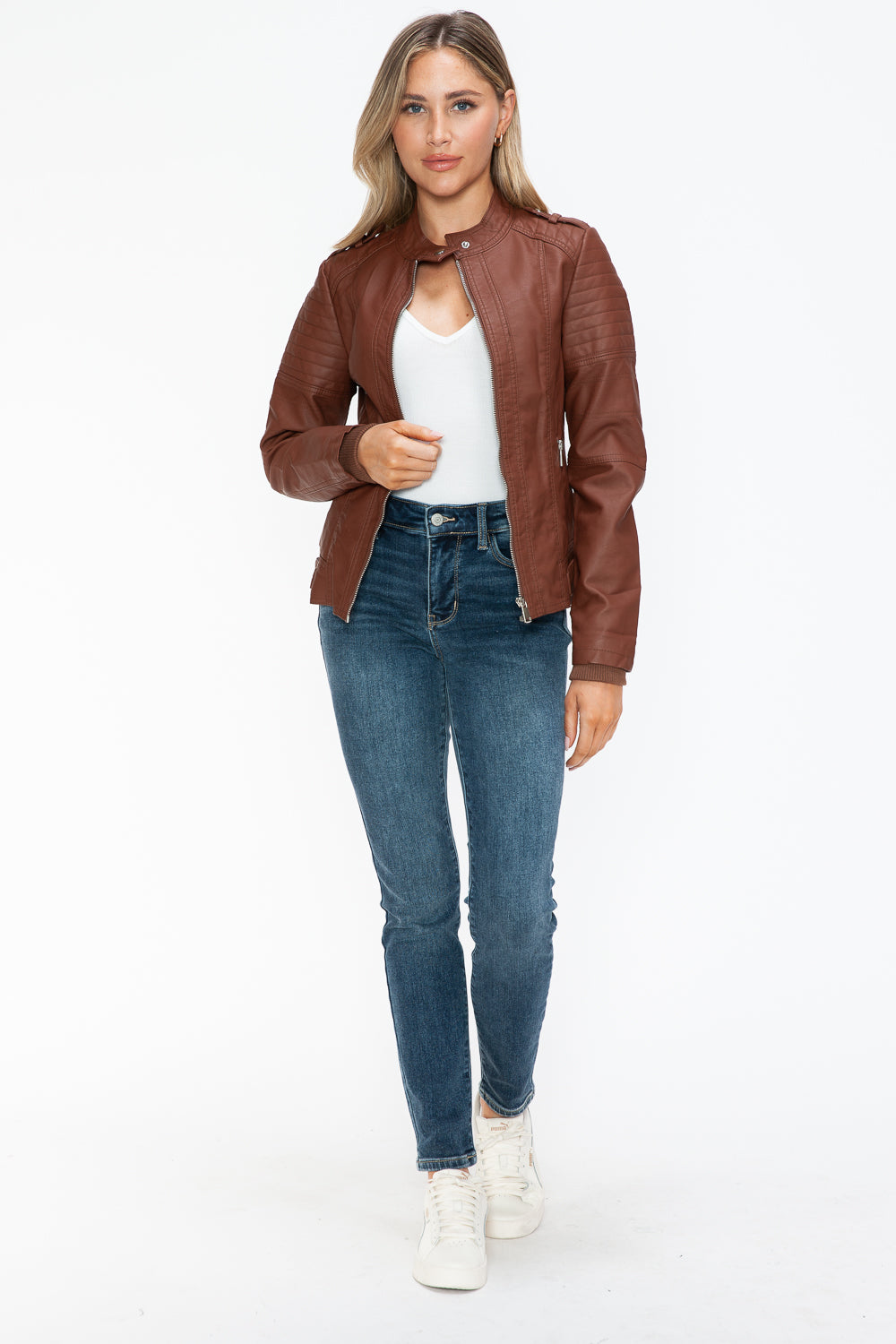 Snobbish PU Leather Biker Jacket with Side Zip Pockets- Brandy