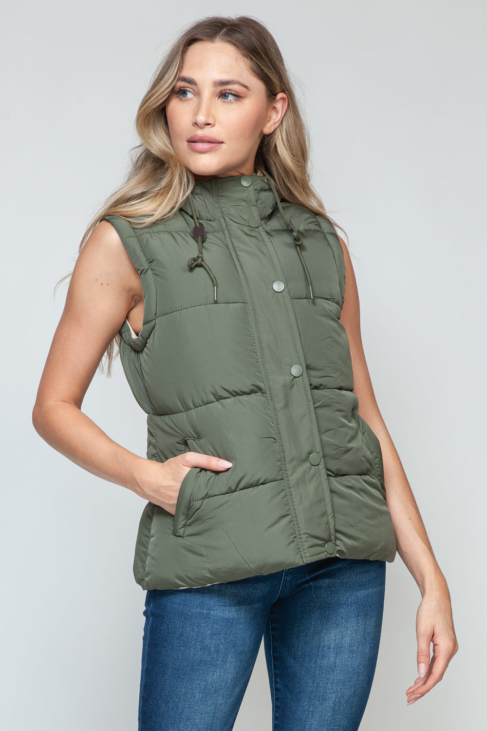 Snobbish Snap and Zip Closure Hooded Vest - Light Olive