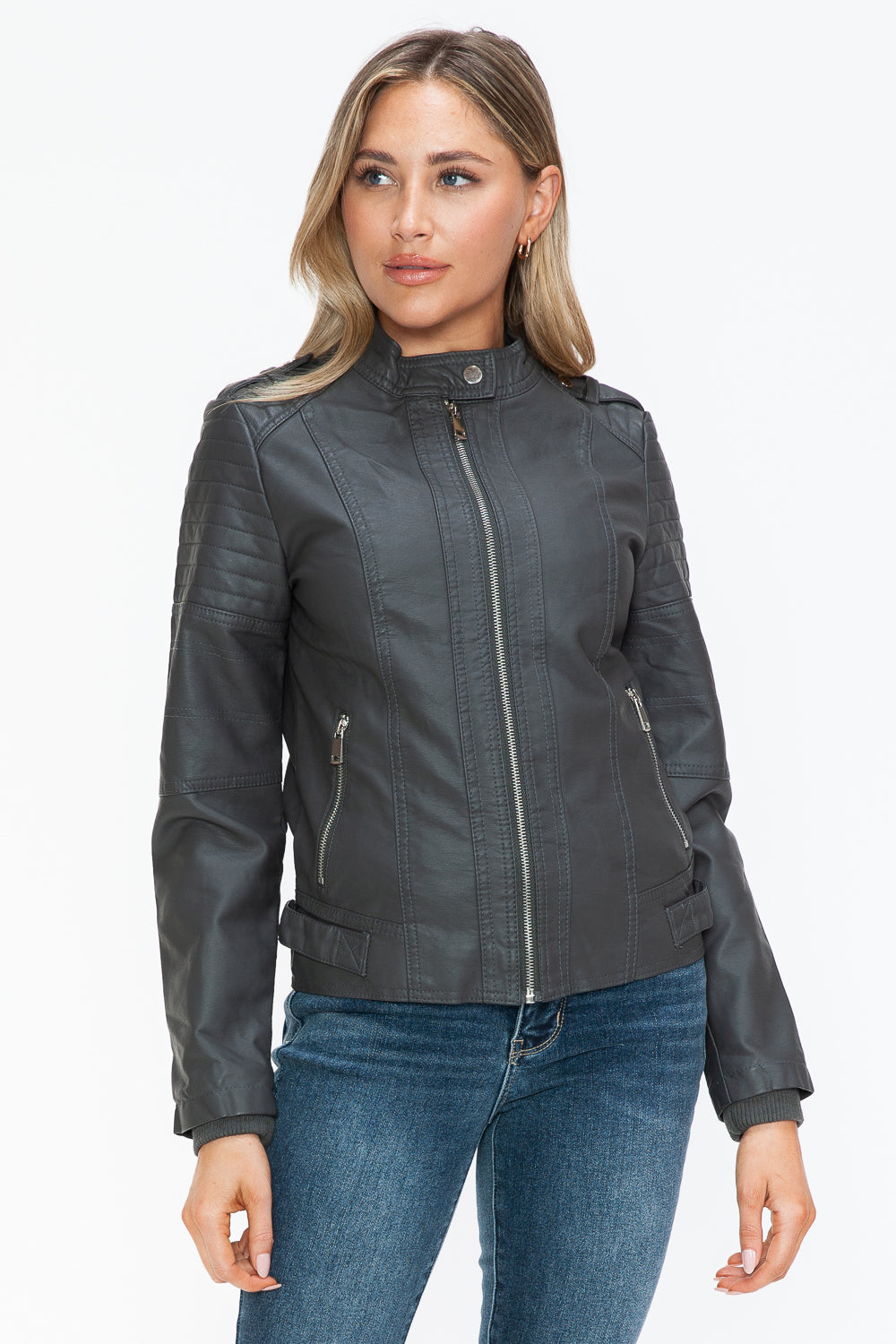 Snobbish PU Leather Biker Jacket with Side Zip Pockets - Charcoal