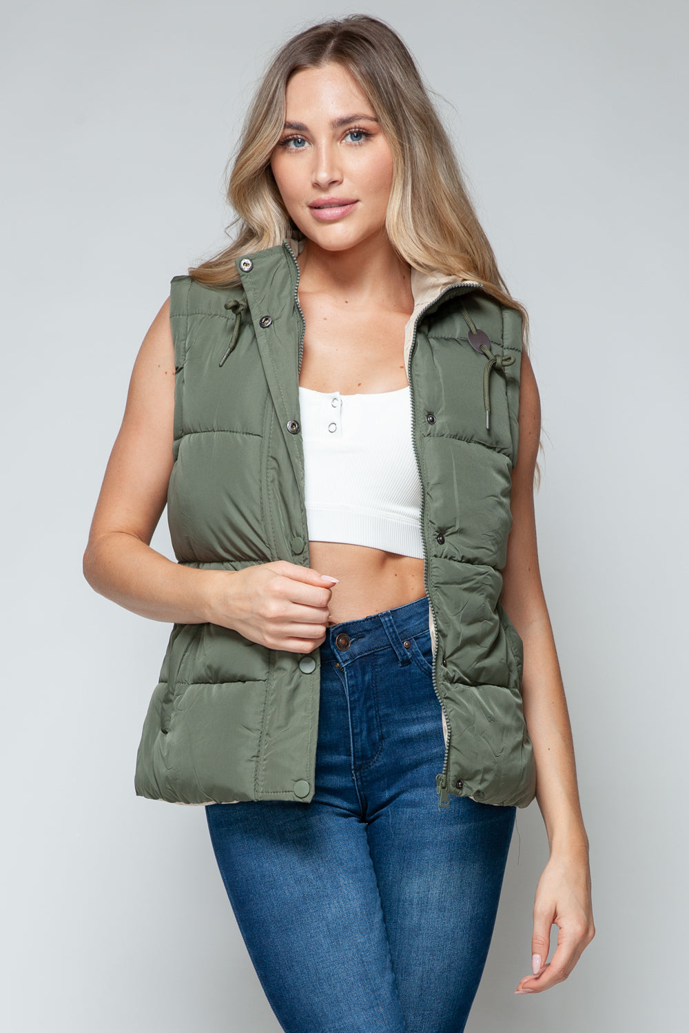 Snobbish Snap and Zip Closure Hooded Vest - Light Olive