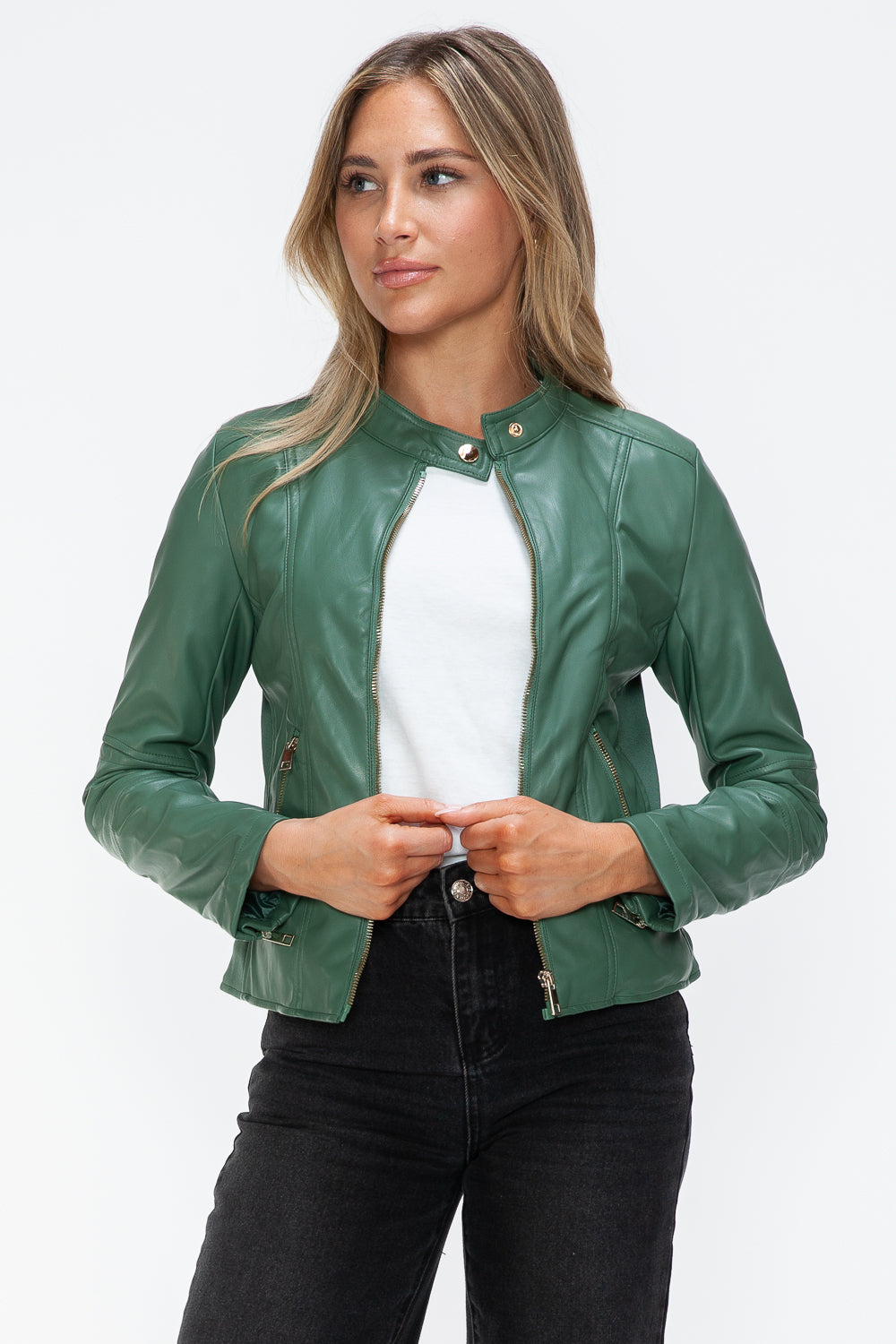 Snobbish Faux Leather Zip Up Drawstring Hooded Jacket - Sage