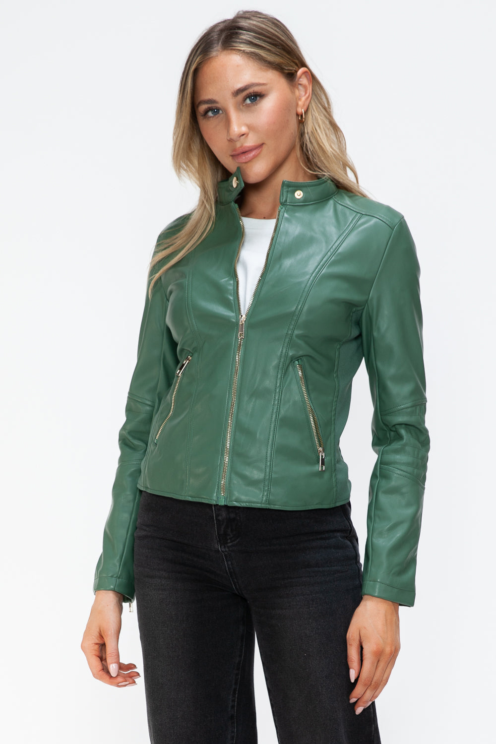 Snobbish Faux Leather Zip Up Drawstring Hooded Jacket - Sage