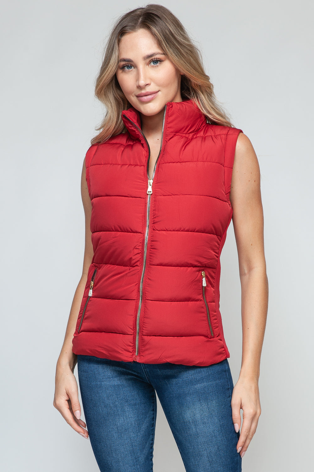 Snobbish Zip Up Turtleneck Vest with Pockets - Red