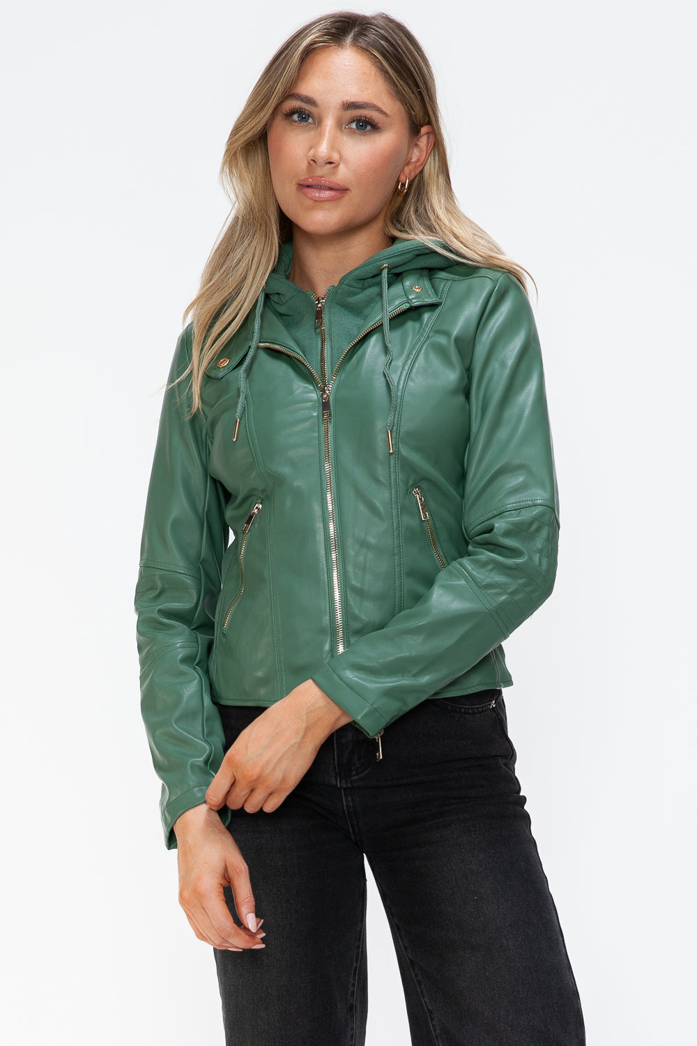 Snobbish Faux Leather Zip Up Drawstring Hooded Jacket - Sage