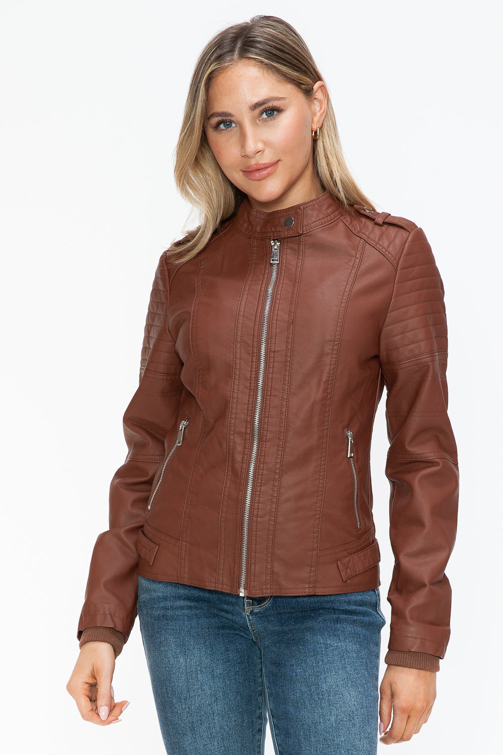 Snobbish PU Leather Biker Jacket with Side Zip Pockets- Brandy