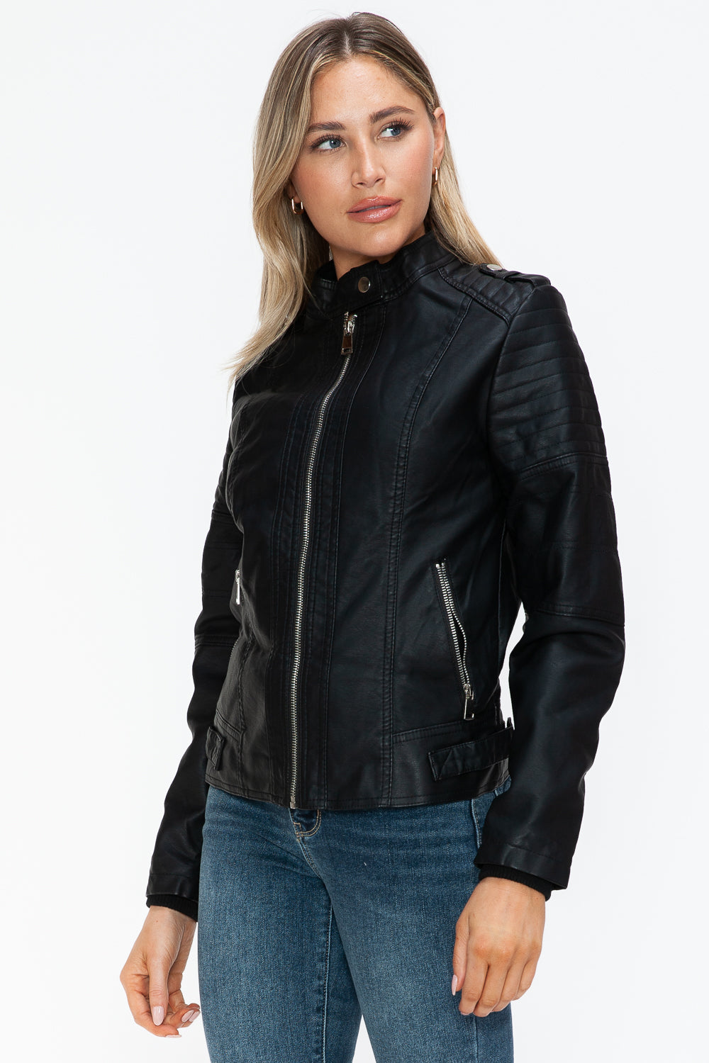 Snobbish PU Leather Biker Jacket with Side Zip Pockets- Black