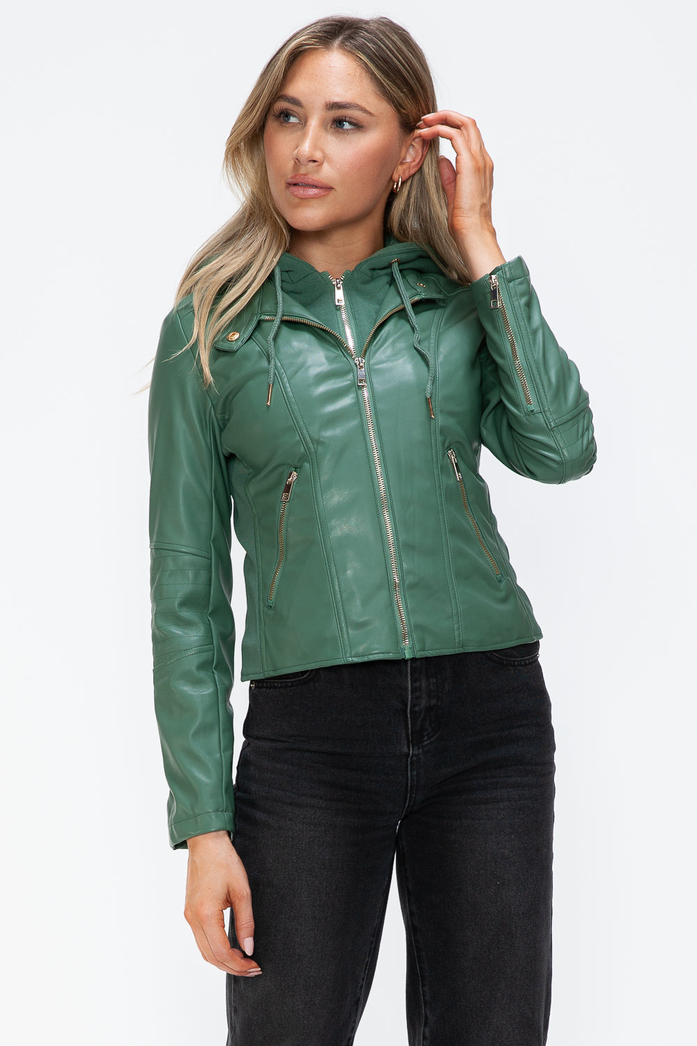 Snobbish Faux Leather Zip Up Drawstring Hooded Jacket - Sage