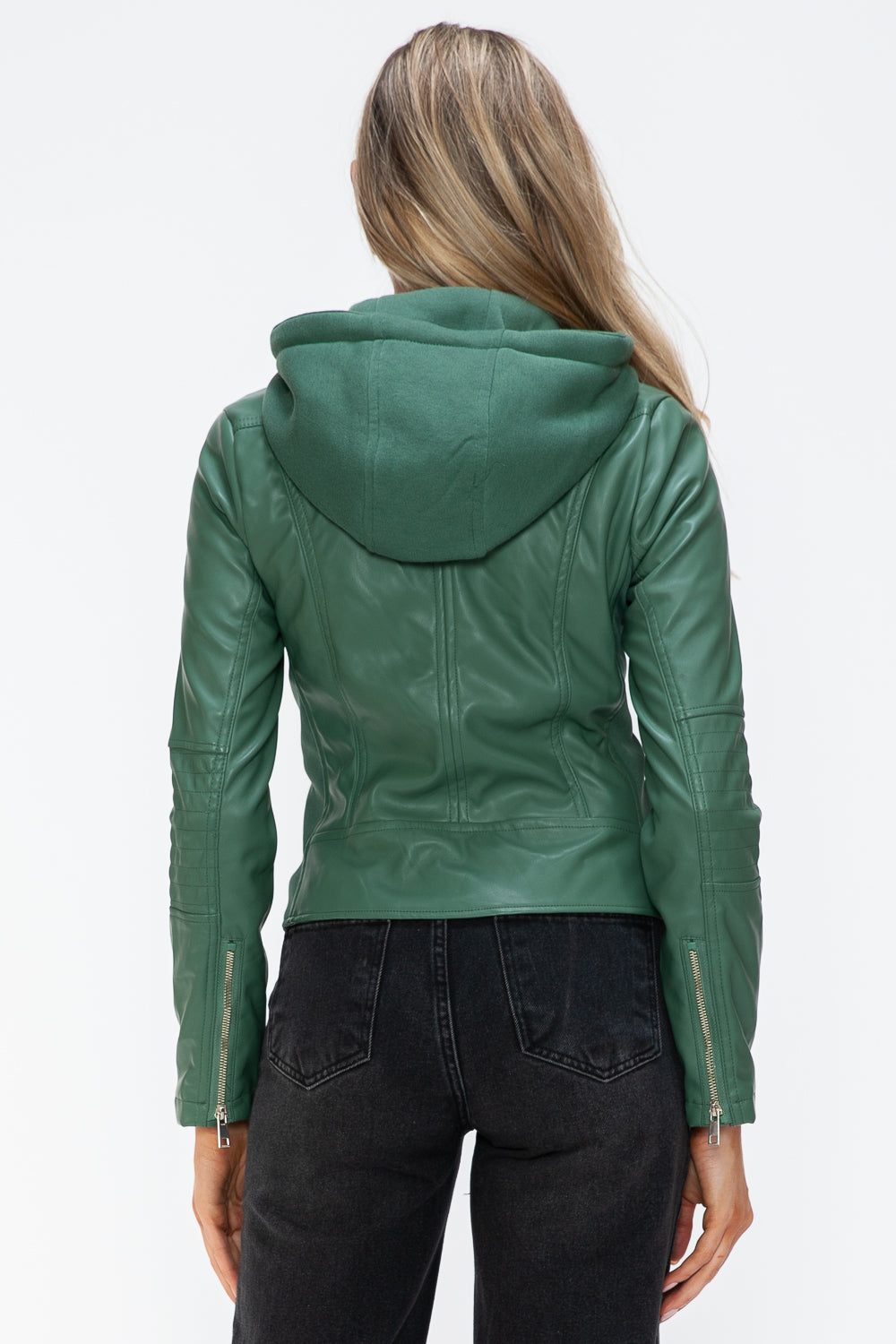 Snobbish Faux Leather Zip Up Drawstring Hooded Jacket - Sage