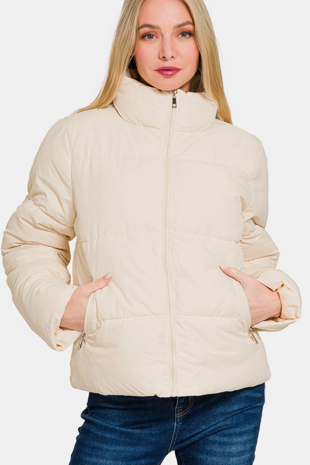 Zenana Zip Up Turtleneck Puffer Jacket with Pockets - Cream